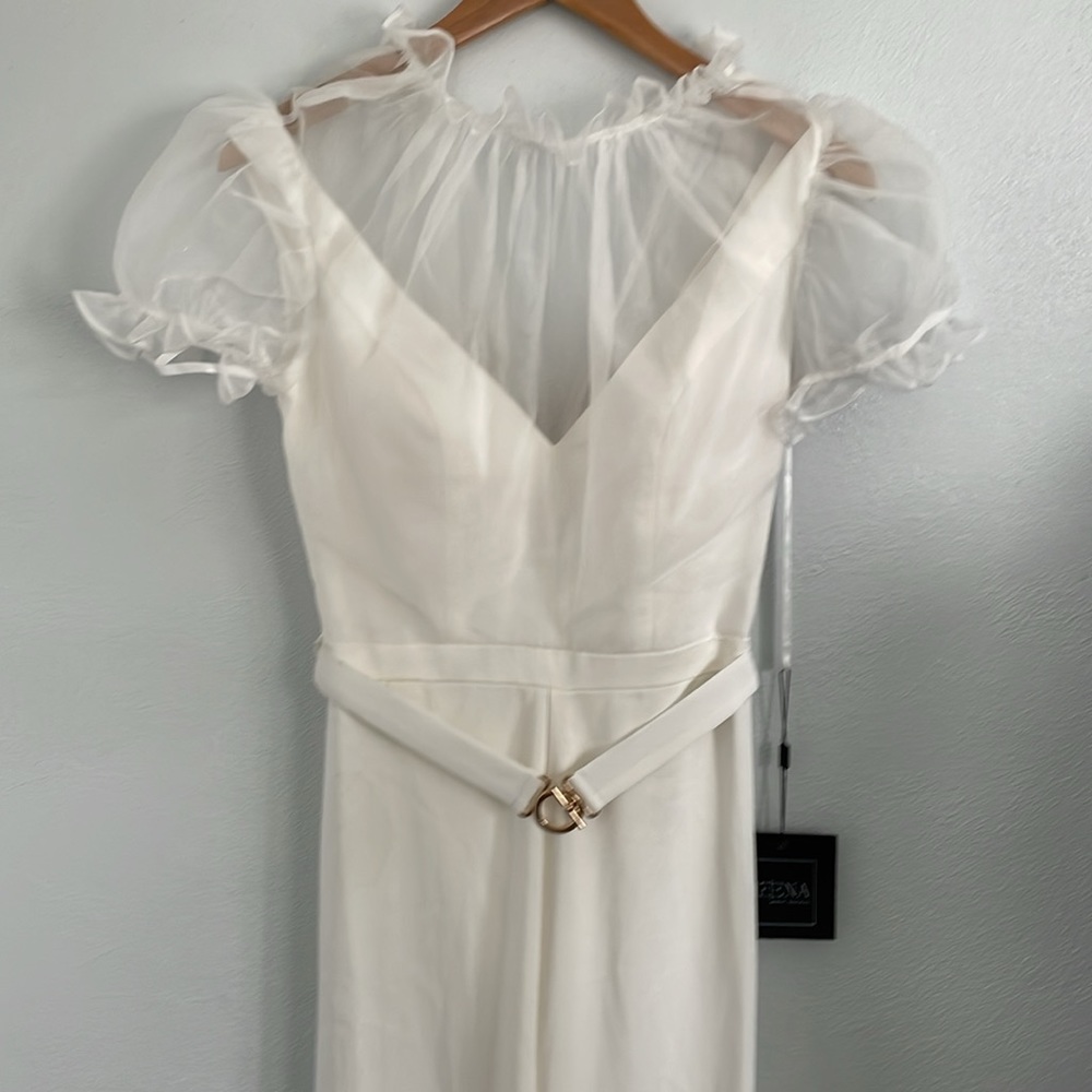 Mac Duggal 26621 White Belted Illusion‎ High Neck Cap Sleeve Jumpsuit Size 2 - Picture 4 of 13